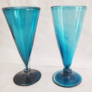 Vintage Hand Blown Blue Glass Pedestal Cups – Set of 2 – MCM Style 7" Tall